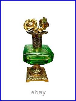 Vintage Green Cut Glass Perfume Bottle On Gold Gilded Pedestal Hollywood Regency