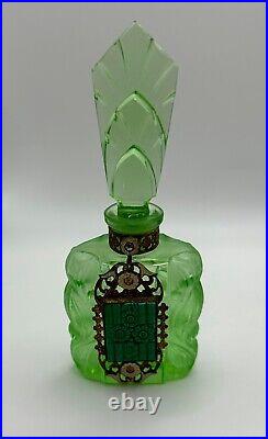 Vintage Green Czech Decorative Perfume Bottle Bohemian Gold Filagree with Jewels