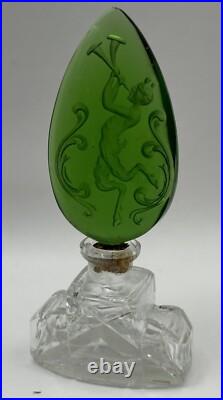 Vintage Green Czech Pan Stopper Cut Glass Perfume Bottle Bohemian