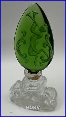 Vintage Green Czech Pan Stopper Cut Glass Perfume Bottle Bohemian