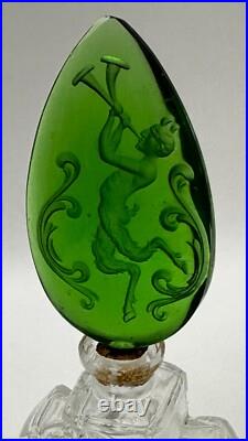 Vintage Green Czech Pan Stopper Cut Glass Perfume Bottle Bohemian