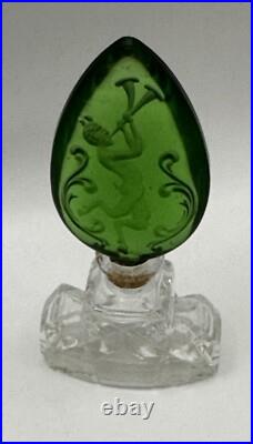 Vintage Green Czech Pan Stopper Cut Glass Perfume Bottle Bohemian