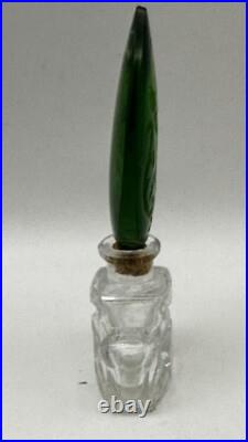 Vintage Green Czech Pan Stopper Cut Glass Perfume Bottle Bohemian