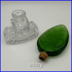 Vintage Green Czech Pan Stopper Cut Glass Perfume Bottle Bohemian