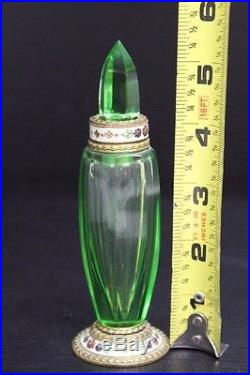Vintage Green Glass Perfume Bottle with Floral Design, 5 1/2 Made in Austria