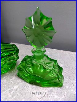 Vintage Green Glass Perfume Set In Art Deco Style Plus Bonus