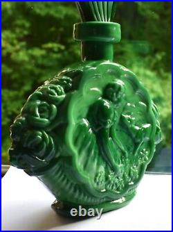 Vintage Green Malachite Bohemia Bottle Art Deco Roses Fawn Women Wing Stopper