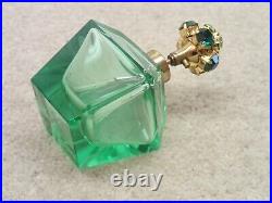 Vintage Green Perfume Bottle Jeweled Rhinestone Topper Estate Item Survivor
