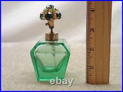 Vintage Green Perfume Bottle Jeweled Rhinestone Topper Estate Item Survivor