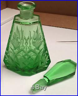 Vintage Green Wedge Shaped Czechoslovakian Perfume Bottle With Pentagon Stopper