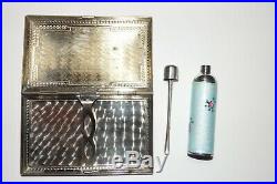Vintage Guilloche Enamel Silver Cigarette Case and Sterling Perfume Bottle Flask