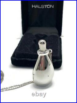 Vintage Halston Silver Jewel Perfume Bottle Pendant Necklace With Box