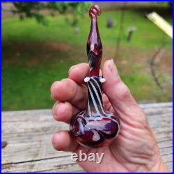 Vintage Hand Blown Art Glass Perfume Bottle With Stopper Red & Black Swirl Des