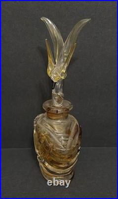 Vintage Hand Cut Bohemian Art Deco Glass Crystal Perfume Bottle withBird Stopper
