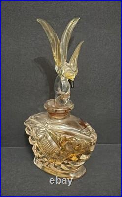 Vintage Hand Cut Bohemian Art Deco Glass Crystal Perfume Bottle withBird Stopper