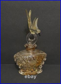Vintage Hand Cut Bohemian Art Deco Glass Crystal Perfume Bottle withBird Stopper
