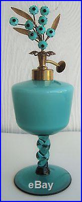 Vintage Handblown Teal Glass Perfume Bottle Pedestal Atomizer Brass Filigree