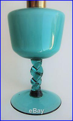 Vintage Handblown Teal Glass Perfume Bottle Pedestal Atomizer Brass Filigree