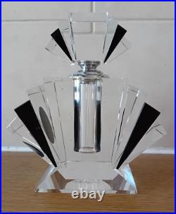 Vintage Heavy Art Deco Black And Clear Glass Fan Perfume Bottle And Stopper