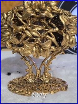 Vintage Hollywood Regency Gold Tone Lily Floral Perfume Bottle with Glass Dauber