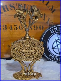 Vintage Hollywood Regency Gold Tone Lily Floral Perfume Bottle with Glass Dauber