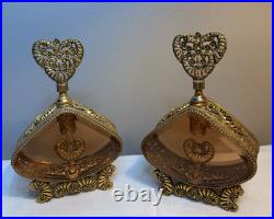 Vintage Hollywood Regency Ormolu Hearts Flowers Rose Perfume Bottles 9