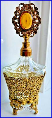 Vintage Hollywood Regency Ornate Gold Ormolu Perfume Bottle Crystal Dauber