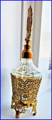 Vintage Hollywood Regency Ornate Gold Ormolu Perfume Bottle Crystal Dauber