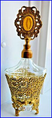 Vintage Hollywood Regency Ornate Gold Ormolu Perfume Bottle Crystal Dauber