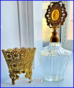 Vintage Hollywood Regency Ornate Gold Ormolu Perfume Bottle Crystal Dauber