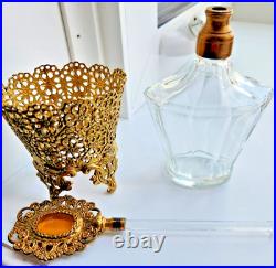 Vintage Hollywood Regency Ornate Gold Ormolu Perfume Bottle Crystal Dauber