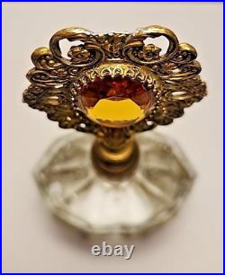 Vintage Hollywood Regency Ornate Gold Ormolu Perfume Bottle Crystal Dauber