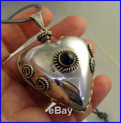 Vintage Huge Taxco Sterling Silver Onyx Heart Perfume Bottle Pendant Necklace