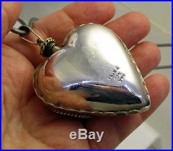 Vintage Huge Taxco Sterling Silver Onyx Heart Perfume Bottle Pendant Necklace
