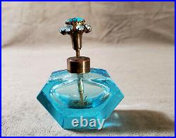 Vintage IRICE Blue Glass Perfume Bottle Jeweled Top Topaz Crystal Vanity