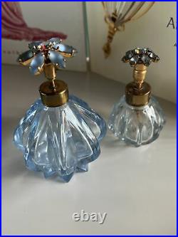 Vintage IRICE Blue Velvet Moonstone Rhinestone Top Blue Glass Perfume Bottle Set