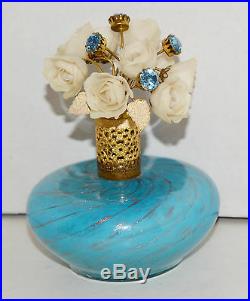 Vintage IRICE Murano Blue Stipe Flowers Top Perfume Bottle Italy Collectible