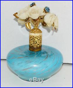 Vintage IRICE Murano Blue Stipe Flowers Top Perfume Bottle Italy Collectible