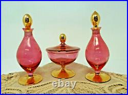 Vintage IRICE West Germany Cranberry Gold Glass Perfume Bottles & Powder Jar Set