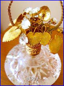 Vintage Irice Cut Glass with Pear Diamond Rhinestones & Gold Leaf Perfume Bottle