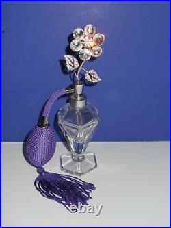 Vintage Irice Glass Perfume Bottle w Rhinestone Topper & Atomizer 6 3/4 Tall