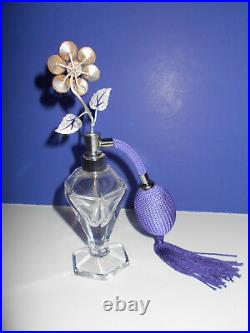 Vintage Irice Glass Perfume Bottle w Rhinestone Topper & Atomizer 6 3/4 Tall