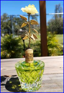 Vintage Irice Green Cut Glass Crystal Gold Rose Perfume Bottle Leaves Flowers