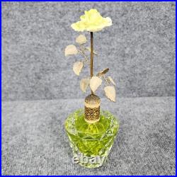 Vintage Irice Green Cut Glass Crystal Gold Rose Perfume Bottle Leaves Flowers