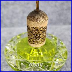 Vintage Irice Green Cut Glass Crystal Gold Rose Perfume Bottle Leaves Flowers