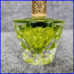 Vintage Irice Green Cut Glass Crystal Gold Rose Perfume Bottle Leaves Flowers