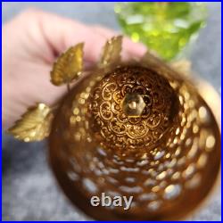 Vintage Irice Green Cut Glass Crystal Gold Rose Perfume Bottle Leaves Flowers