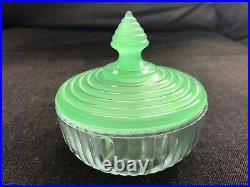 Vintage JADITE & CLEAR Glass Vanity Set 3pcs PERFUME BOTTLE Powder Jar RINGS