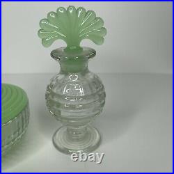 Vintage Jadite & Clear Glass Vanity Set 3pcs Perfume Bottle Powder Jar Jade