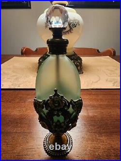 Vintage Jeweled Mint Tinted Glass Perfume Bottle. Beautifully Crafted Rare Find